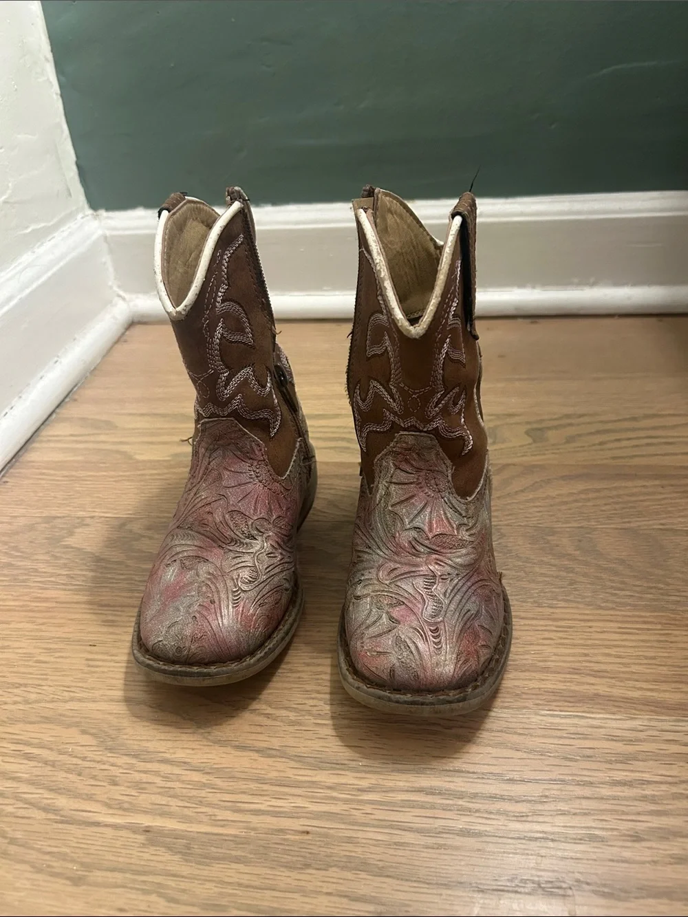 Justin Boots Kids Brown with Pink-Toned Embossed Western Boots